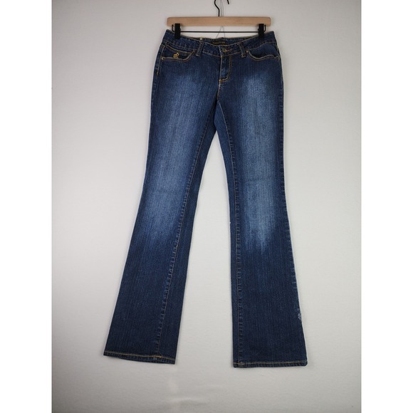 Roca Wear Jeans Womens 7 Embroidered Logo Distressed Y2K RN 111507 Dark Wash Low - Picture 1 of 16